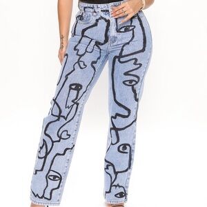 Fashion Nova Light Blue Straight-Leg Jeans with Black Abstract Face Print